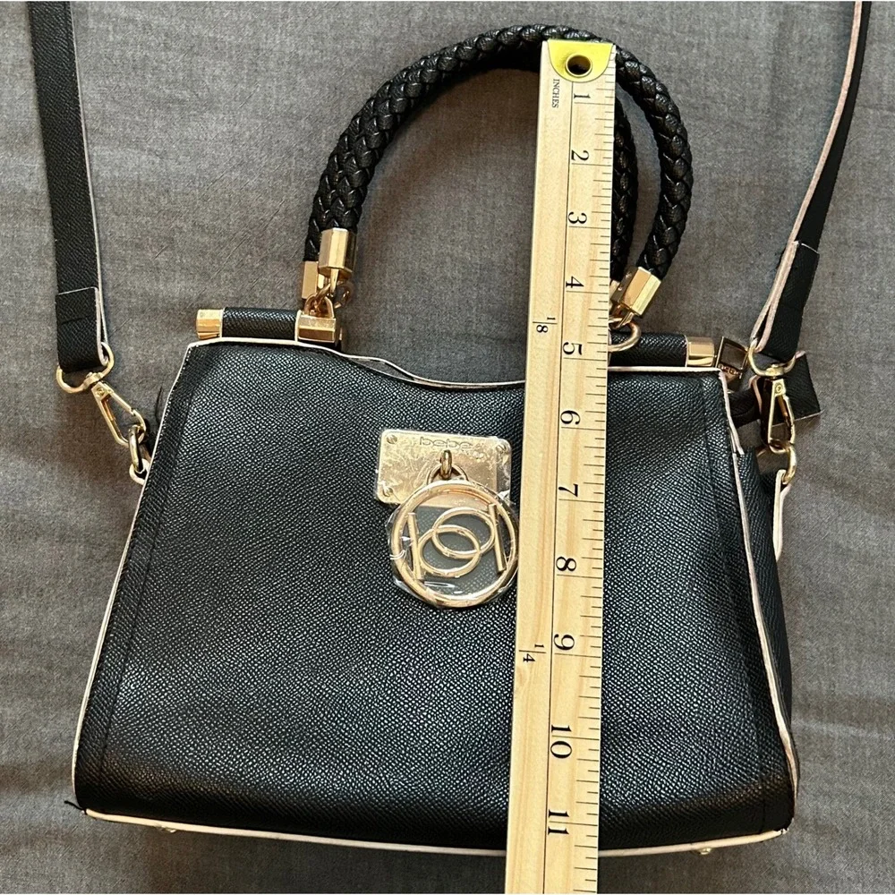 Bebe Black Saffiano Crossbody Satchel Bag Braided Handle Gold Logo Medallion